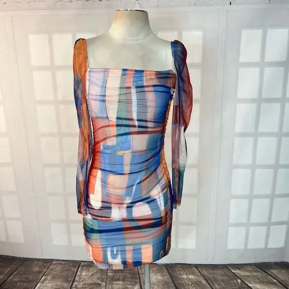 Princess poly multicolored long sleeve ruched body con mini dress size 4 - Picture 5 of 15